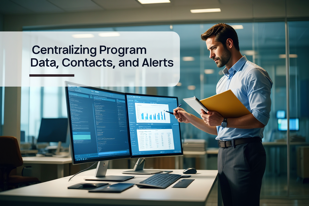 a computer, a man holding files and OVERLAY text above - Centralizing Program Data, Contacts, and Alerts