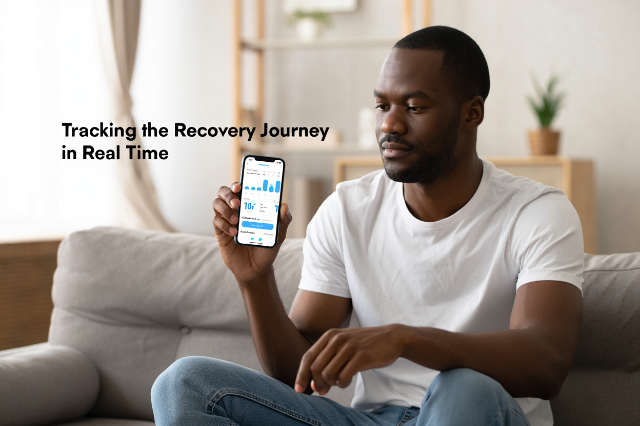 a man in recovery wearing plain clothes looking at his phone app with text on the side - Tracking the Recovery Journey in Real Time