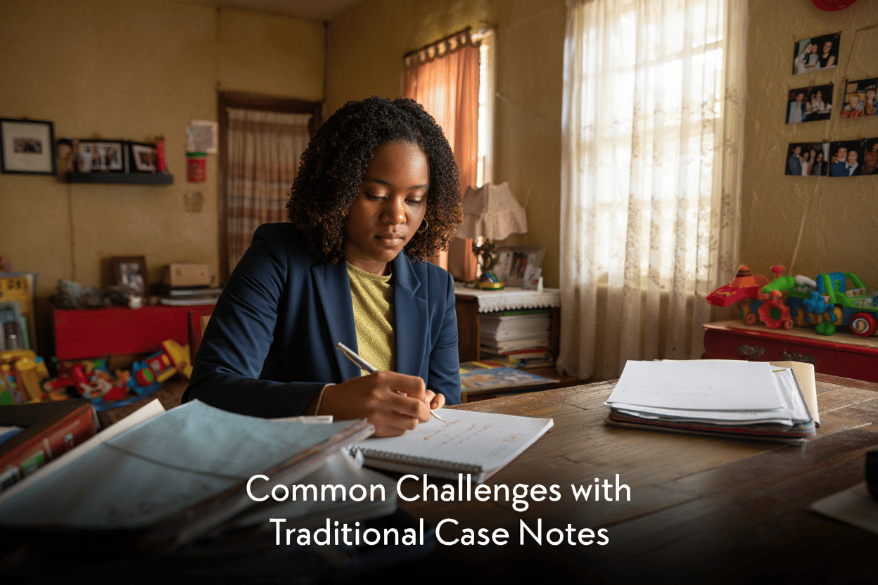 A woman in a foster home writing in a notebook - Common Challenges with Traditional Case Notes