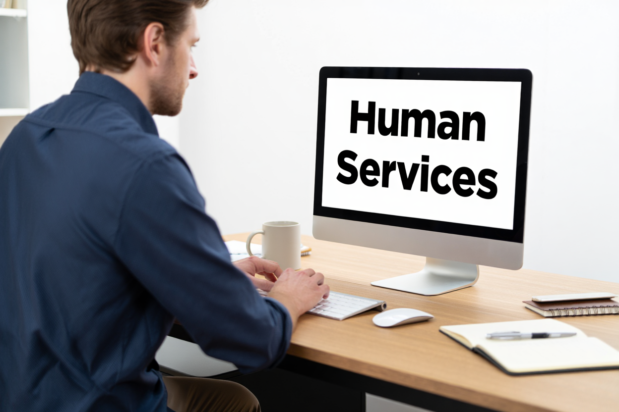 ​Someone looking at a computer that says - Human Services