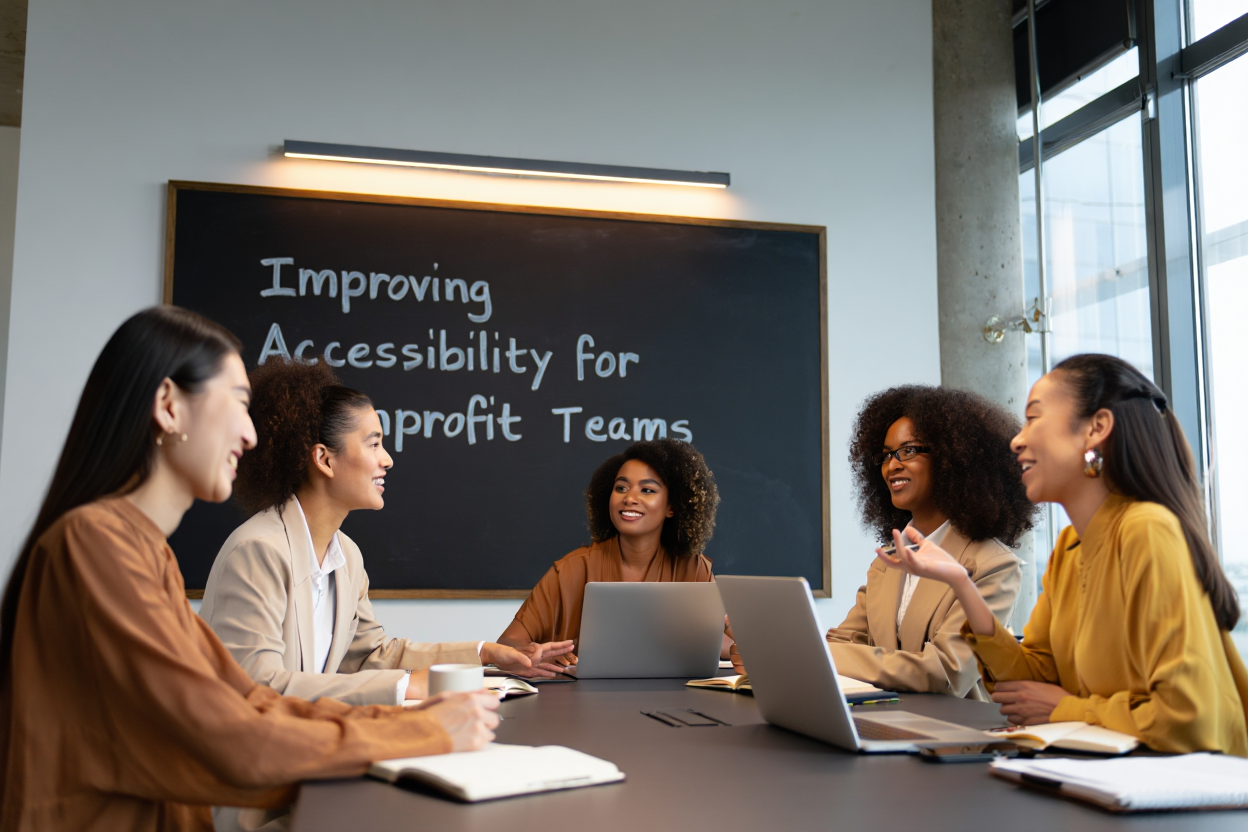 a group of women talking at a table meeting, aside is a black board and written - Improving Accessibility for Nonprofit Teams