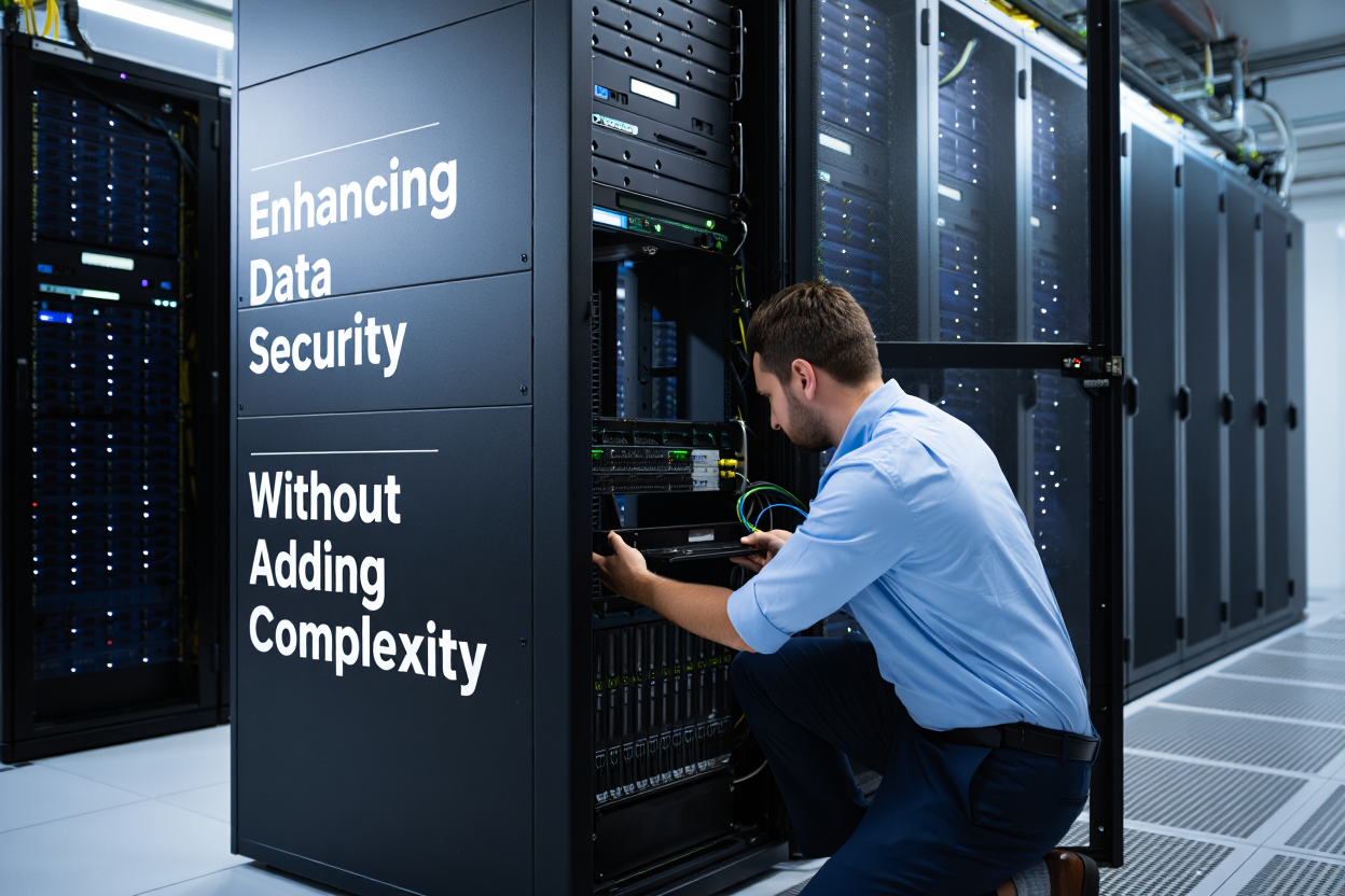 ​a man working on a datacenter server, on the side of the server is written in bold - Enhancing Data Security Without Adding Complexity
