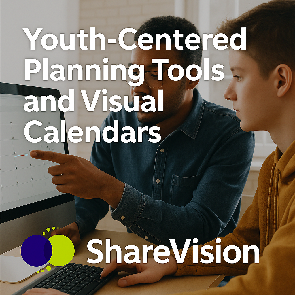 a man working with a youth on a computer pointing at a calendar - Youth Centered Planning Tools and Visual Calendars
