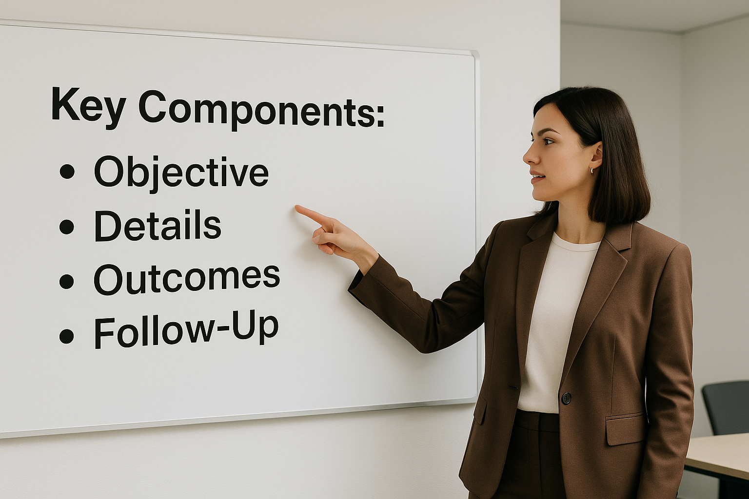 woman wearing brown suit pointing at whiteboard - key componets are Objective - Details - Outcomes and Follow-Ups - 001