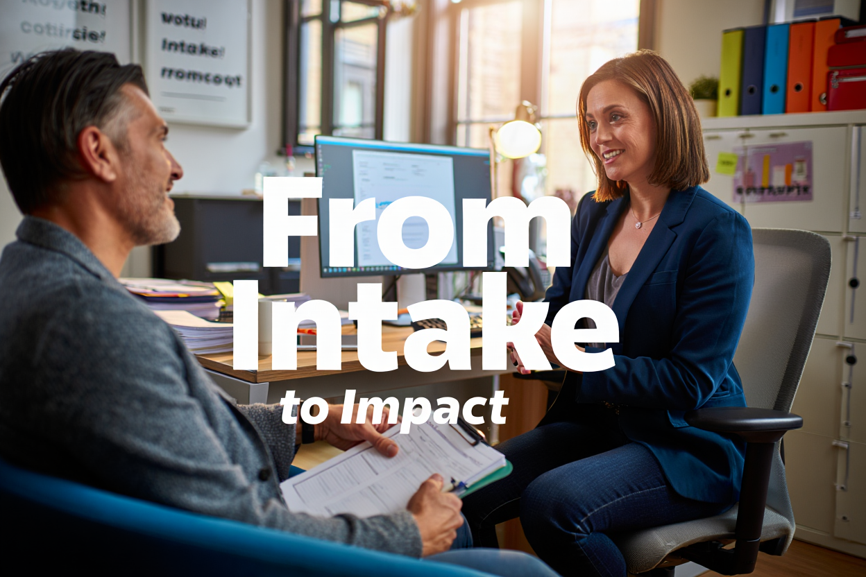 ​an image of a woman talking to a new client, text overlay - From Intake to Impact